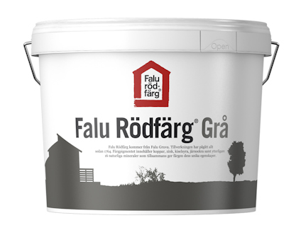 Vit hink med etikett "Falu Rödfärg Grå" och illustration av hus och träd.