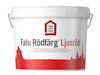 Hink med etikett "Falu Rödfärg Ljusröd" och en röd siluett av byggnader och träd.
