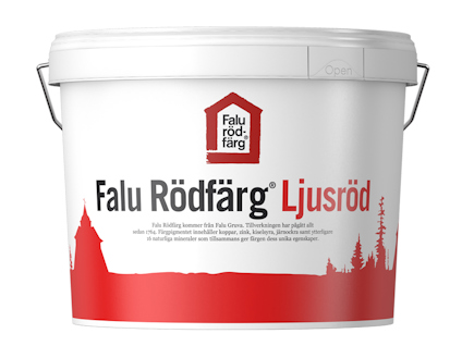 Hink med etikett "Falu Rödfärg Ljusröd" och en röd siluett av byggnader och träd.
