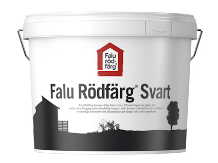 Vit färgburk med texten "Falu Rödfärg Svart" och en landskapsillustration i svart.