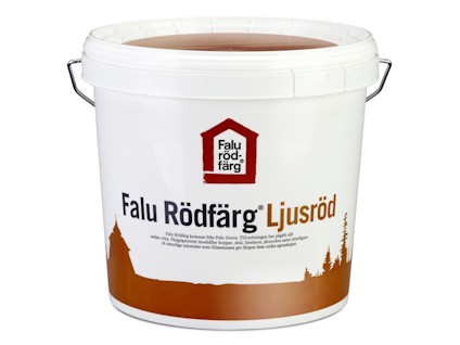 Vit hink med texten "Falu Rödfärg Ljusröd" och en stiliserad landskapsillustration i rött.