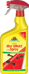 Gul sprayflaska med röd etikett och spraymunstycke. Text: "Neudorff Loxiran Myr Effekt Pump Spray". Bilder av såna insekter.