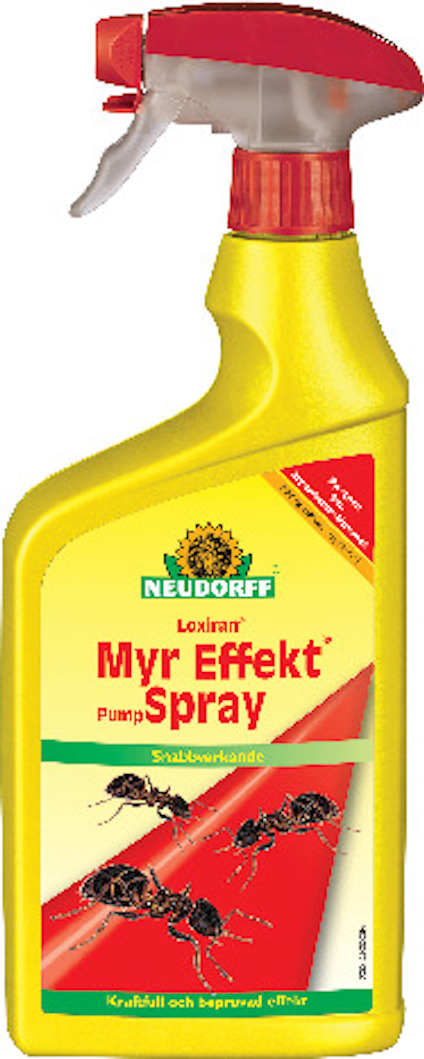 Gul sprayflaska med röd etikett och spraymunstycke. Text: "Neudorff Loxiran Myr Effekt Pump Spray". Bilder av såna insekter.