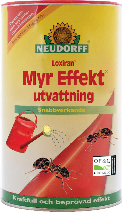 Förpackning med texten "Myr Effekt utvattning" från Neudorff, med bilder på myror och en röd vattenkanna.