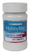 Plastburk med vit färg och etikett märkt "HERDINS Hobbyfärg 101 SNÖVIT".
