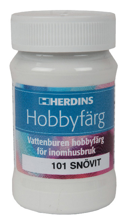Plastburk med vit färg och etikett märkt "HERDINS Hobbyfärg 101 SNÖVIT".
