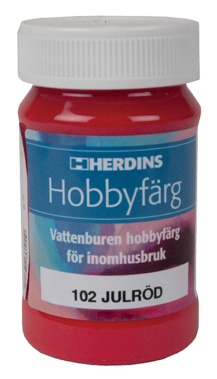 Röd flaska med vit skruvkork och etikett som visar texten "Herdins Hobbyfärg, 102 Julröd, Vattenburen hobbyfärg för inomhusbruk".