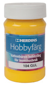 Gul burk med etikett: "HERDINS Hobbyfärg, Vattenburen hobbyfärg för inomhusbruk, 104 GUL".