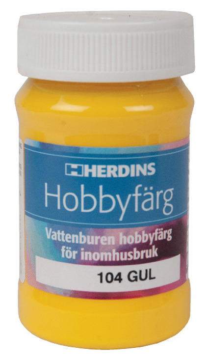 Gul burk med etikett: "HERDINS Hobbyfärg, Vattenburen hobbyfärg för inomhusbruk, 104 GUL".