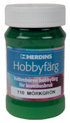 Grön flaska med etiketten "HERDINS Hobbyfärg Vattenburen hobbyfärg för inomhusbruk 110 MÖRKGRÖN".