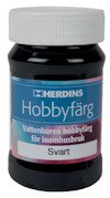 Flaska med etikett "HERDINS Hobbyfärg", "Vattenburen hobbyfärg för inomhusbruk", "Svart".