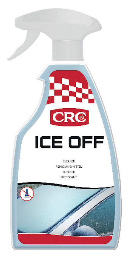 Sprayflaska märkt "CRC Ice Off" med bild av en frostig bilruta.