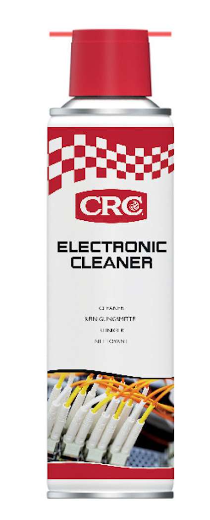 Sprayburk med röd kork märkt "CRC ELECTRONIC CLEANER" och flera språkversioner av ordet rengöringsmedel.