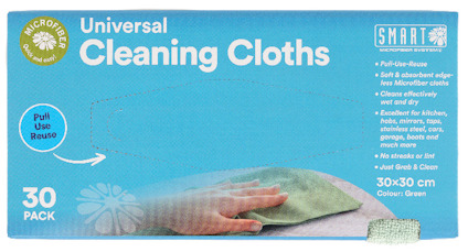 Förpackning med universal mikrofiberdukar, 30-pack, i färgen grön. Texten beskriver egenskaper och användningsområden.
