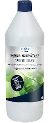 Flaska med saneringsvätska märkt "Fixor av Natur", med gröna bladgrafik och text på etiketten. Innehåller text på svenska och finska.