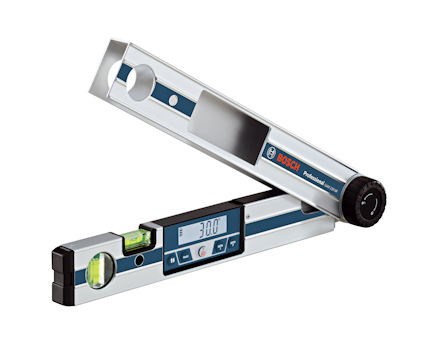 Digital vinkelmätare i metall med en liten display som visar "30.0°", Bosch-logotyp på sidan.