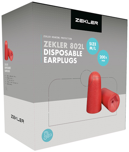 Förpackning med Zekler 802L engångsöronproppar, röd färg, storlek M/L, 200 par.