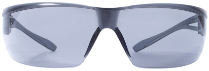 Skyddsglasögon med mörka glas och svarta bågar.