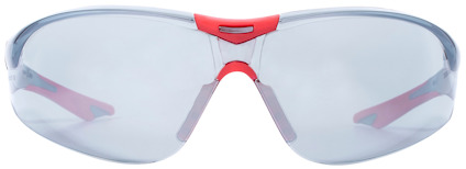 Skyddsglasögon med genomskinliga linser, grå bågar och röd detalj i mitten ovanför näsbryggan.