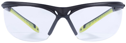 Skyddsglasögon med svart båge och klar lins, skalm i svart och neongul färg.