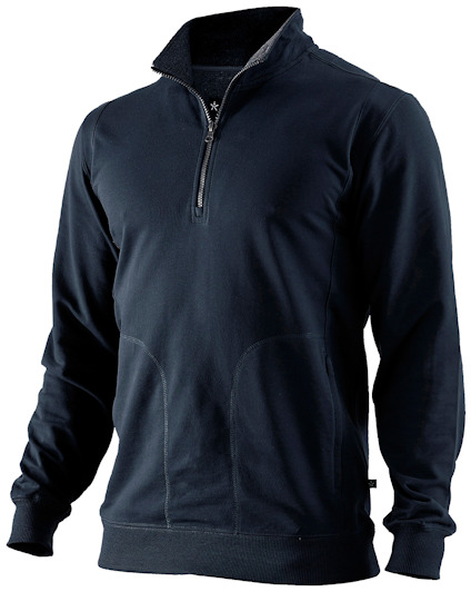 Mörkblå sweatshirt med halv dragkedja, lång ärm och ribbade muddar vid ärmslut och midja.
