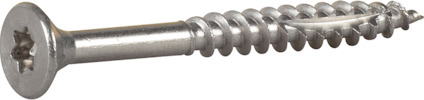 Träskruv med försänkt huvud och rostfri finish, liggande på yta.