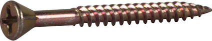 Gulkromaterad spånskiva/boardskruv med PH2 krysshuvud och spiralformad gänga på vit bakgrund.