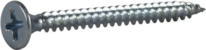 Metallskruv med krysshuvud och tänkt för gipsmontering. FZB-ytbehandling, detaljvy.