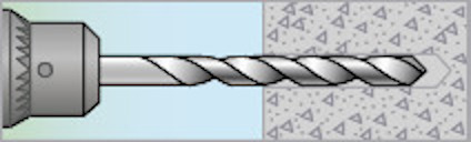 Borrkrona genom en vägg, hälften visas i en skiss där ena sidan är i grått och den andra i ljusblått.