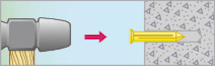 Illustration av en skruvmejsel som skruvar in en gul skruv i en fyrkantig platta med små triangulära symboler.