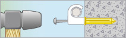 Illustration av en borrmaskin, en krok och en väggstift som monteras i en betongvägg.