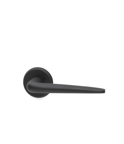 Svart dörrhandtag med enkel design och rund rosett.