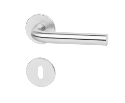 Rostfritt stål dörrhandtag med rund nyckelskylt, modern design.