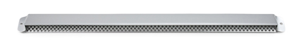 Rektangulärt aluminiumgaller med hexagonalt mönster och rundade fästhål i kanterna.