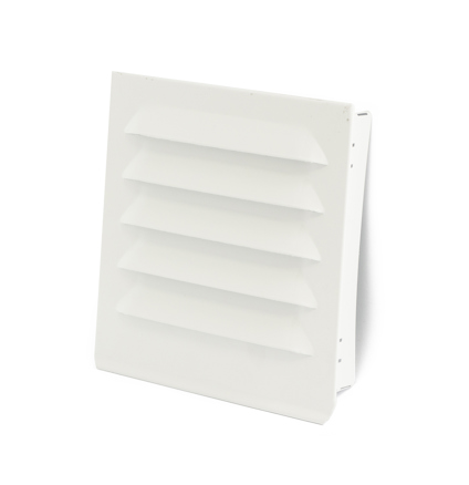 Vitt fyrkantigt ventilgaller med horisontella lameller.