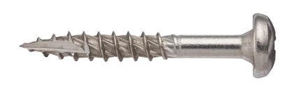 Metallskruv med rund huvud och gängad kropp, liggande horisontellt mot vit bakgrund.