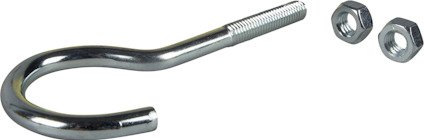 U-formad bult med gängor och två hexagonala muttrar, i metall.