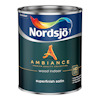Nordsjö färgburk med grön etikett och regnbågsfärgad logga; text: "Ambiance wood indoor superfinish satin".