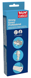 Förpackning av Casco Strong Epoxy Professional med illustrationer för användning och användbarhet.