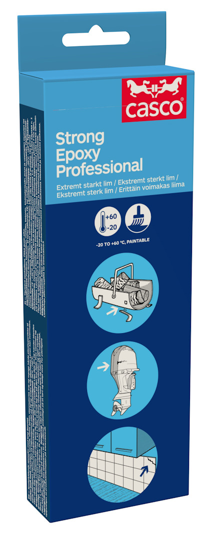 Förpackning av Casco Strong Epoxy Professional med illustrationer för användning och användbarhet.