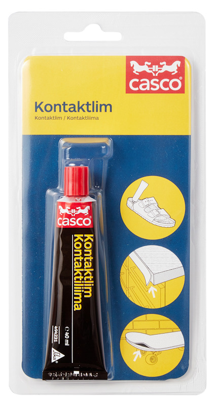 Tub med Casco Kontaktlim 40 ml i förpackning. Förpackningen visar tre användningsområden med ikoner.