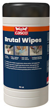 Cylindrisk behållare med etikett "Casco Brutal Wipes", innehållande 72 rengöringsdukar.