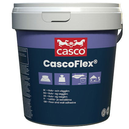 Hink med CascoFlex golv- och vägglim, förpackning i lila och grått med rött Casco-märke och text.