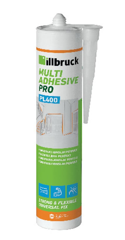 Patron med illbruck multi adhesive pro PL400, grön och vit etikett med text på olika språk och vit applikatorspits.