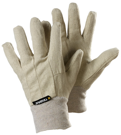 Ett par beige textilhandskar med elastiska muddar och en svart märkning med texten "TEGERA".