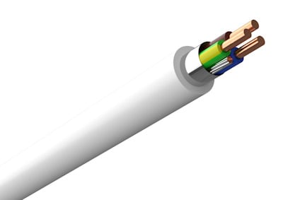 Elektrisk kabel med vit isolering och tre kopparledare i olika färger.
