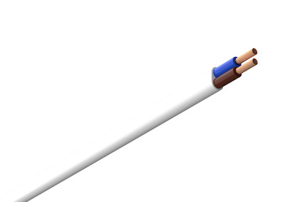 Vit kabel med två synliga kopparledare i änden, en brun och en blå.