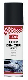 Sprayflaska med etiketttext: "CRC Lock De-Icer + PTFE". Vit och röd design med en bild av en isig bil dörr.