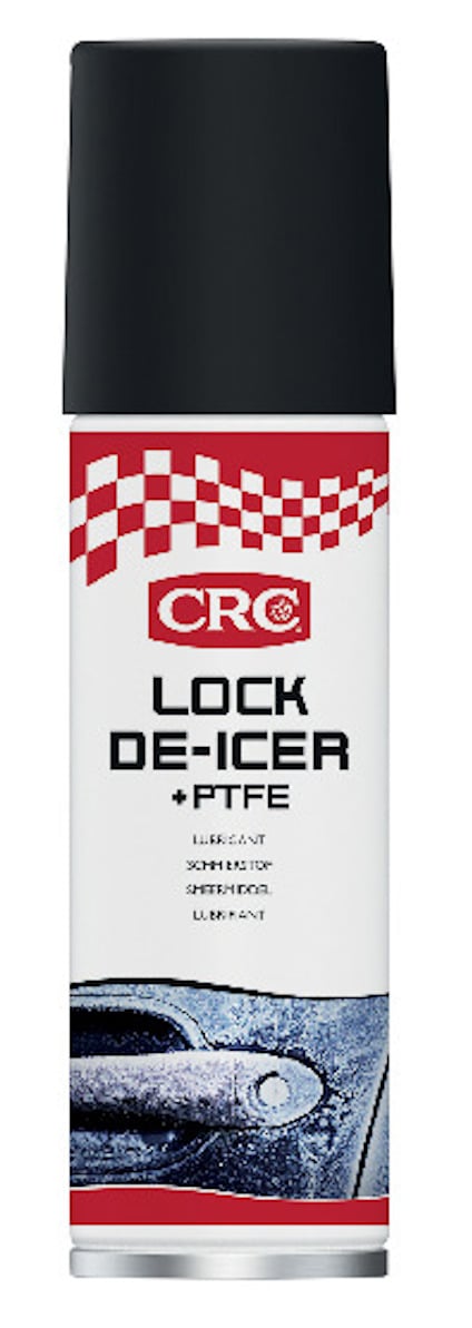 Sprayflaska med etiketttext: "CRC Lock De-Icer + PTFE". Vit och röd design med en bild av en isig bil dörr.