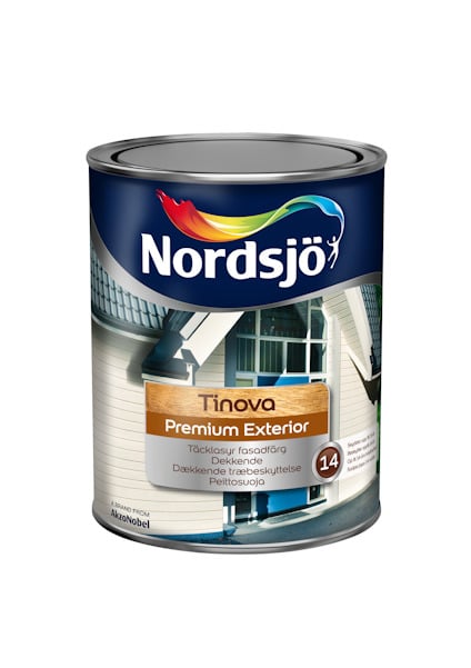 Färgbruk med texten "Nordsjö" och "Tinova Premium Exterior". Burken har en bild av ett hus på etiketten.